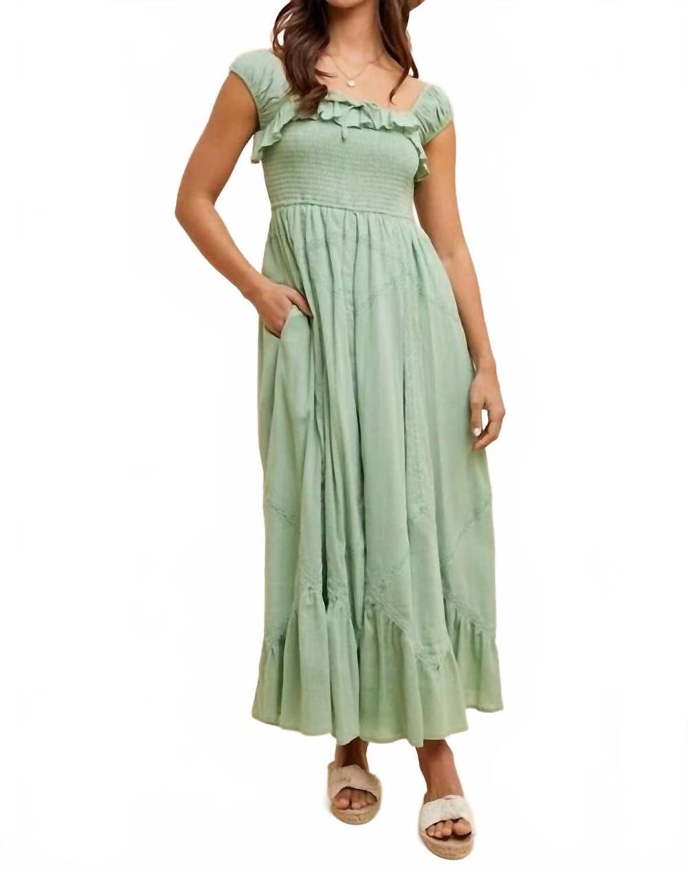 NEW IN-LOOM smocked maxi dress with lace trim in sage